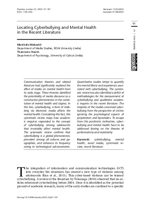 (PDF) Locating Cyberbullying and Mental Health in the Recent Literature