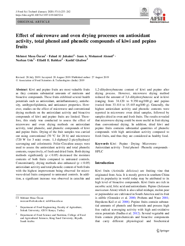 (PDF) Effect of microwave and oven drying processes on antioxidant ...