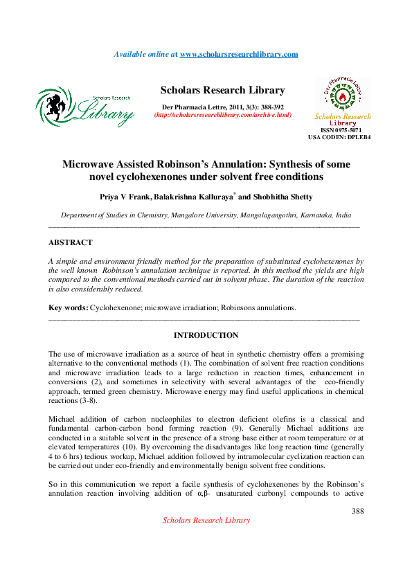 (PDF) Microwave Assisted Robinsonâs Annulation: Synthesis of some novel ...