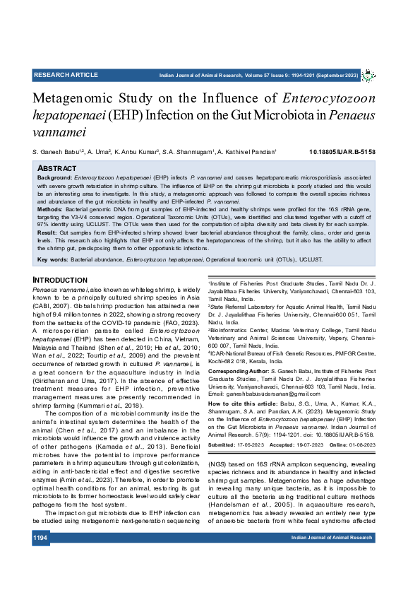 (PDF) Metagenomic Study on the Influence of Enterocytozoon hepatopenaei ...