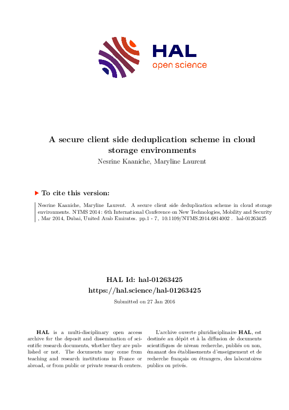 (PDF) A Secure Client Side Deduplication Scheme in Cloud Storage ...