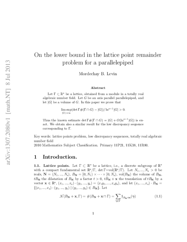 (PDF) On the lower bound in the lattice point remainder problem for a ...