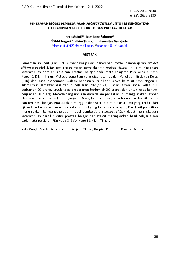 Pdf Penerapan Model Pembelajaran Project Citizen Untuk Meningkatkan