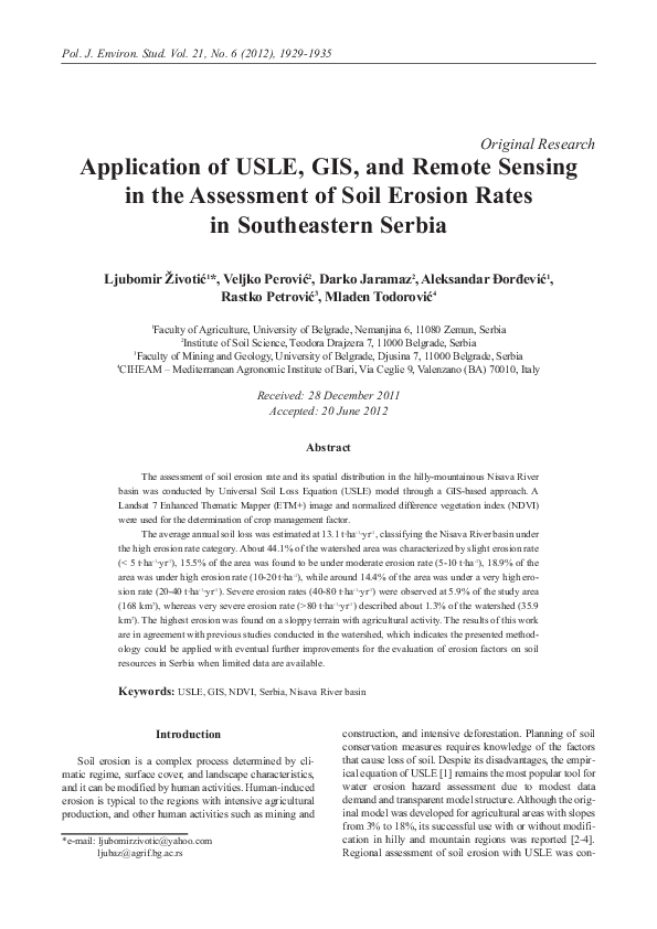 (PDF) Application of USLE, GIS, and Remote Sensing in the Assessment of ...