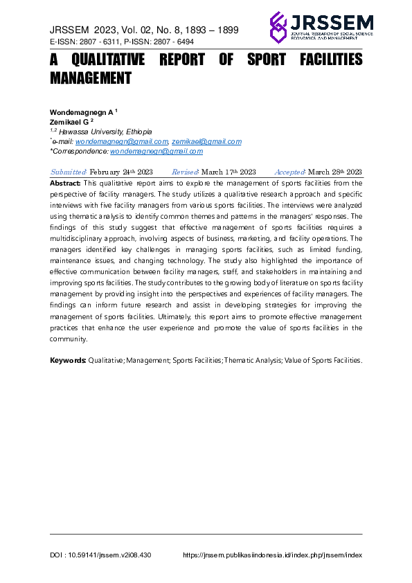 (PDF) A QUALITATIVE REPORT OF SPORT FACILITIES MANAGEMENT zemikael