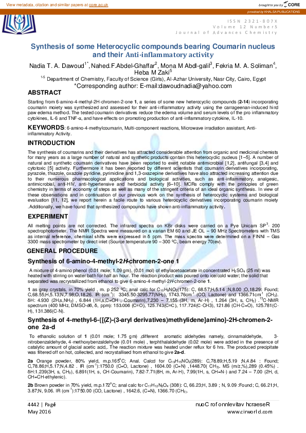 (PDF) Synthesis of some Heterocyclic compounds bearing Coumarin nucleus ...