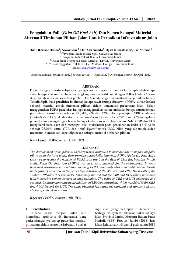 Pengolahan POFA (Palm Oil Fuel Ash) dan Semen Sebagai Material Alternatif Timbunan Pilihan Jalan Untuk Perbaikan Infrastruktur Jalan