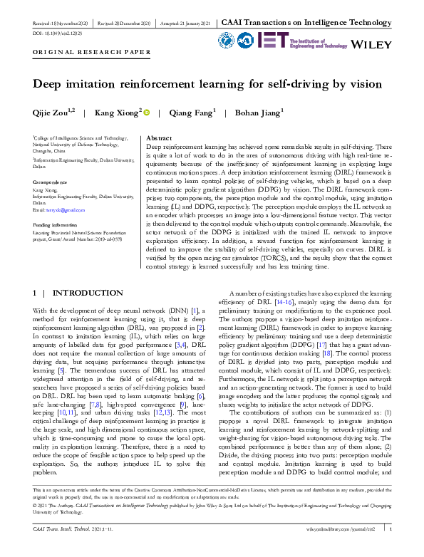 (PDF) Deep imitation reinforcement learning for self‐driving by vision