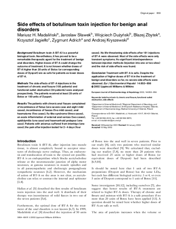 (PDF) Side effects of botulinum toxin injection for benign anal disorders