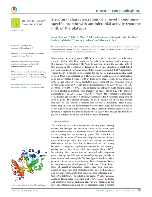 (PDF) Structural characterization of a novel monotreme-specific protein ...
