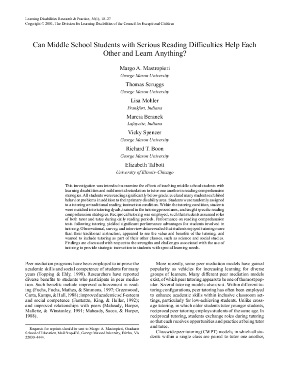 Can Middle School Students with Serious Reading Difficulties Help Each Other and Learn Anything?