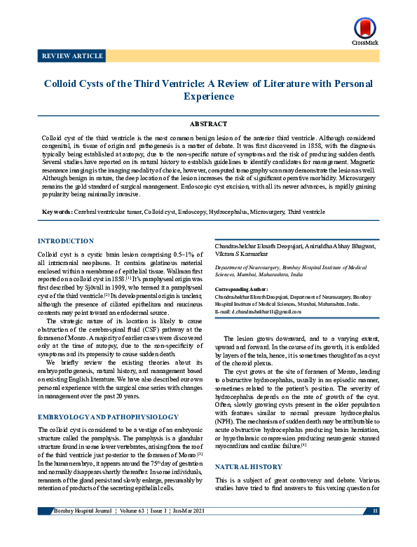 (PDF) Colloid Cysts of the Third Ventricle: A Review of Literature with ...