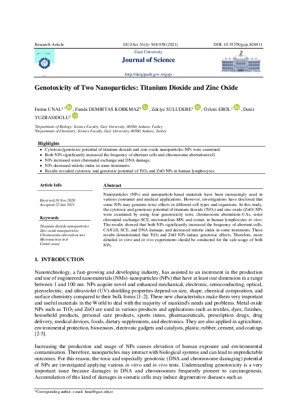 (PDF) Genotoxicity of Two Nanoparticles: Titanium Dioxide and Zinc Oxide