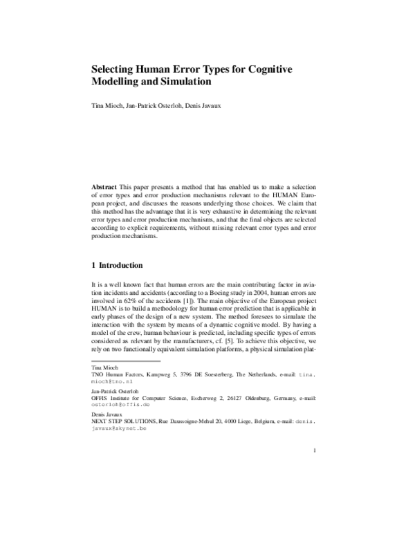 (PDF) Selecting Human Error Types for Cognitive Modelling and Simulation