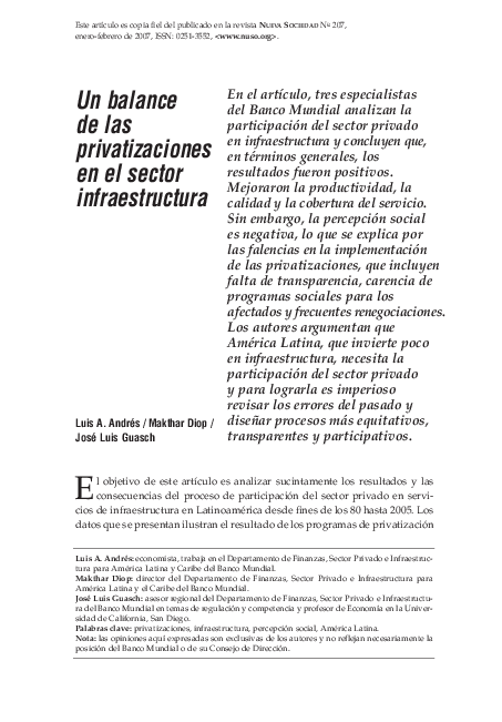 (PDF) Un balance de las privatizaciones en el sector infraestructura