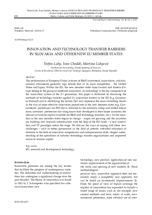 (PDF) Innovation and technology transfer barriers in Slovakia and other ...