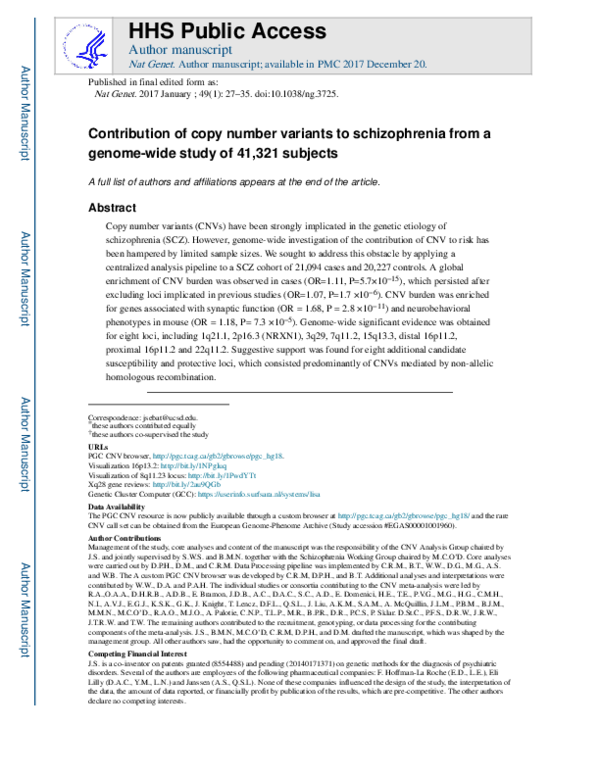 (PDF) Contribution of copy number variants to schizophrenia from a ...