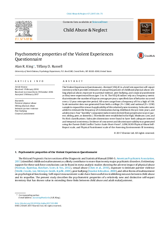 (PDF) Psychometric properties of the Violent Experiences Questionnaire