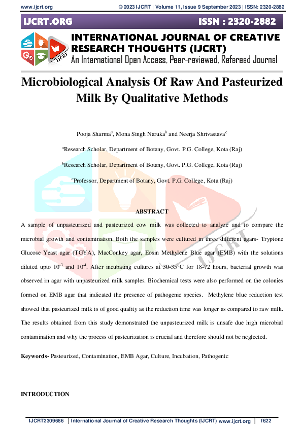 (PDF) Microbiological Analysis Of Raw And Pasteurized Milk By ...