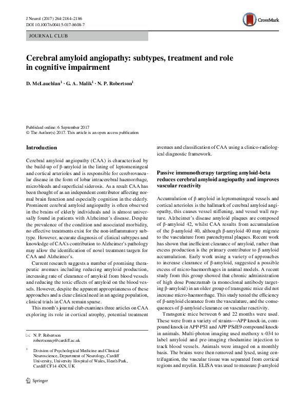 (PDF) Cerebral amyloid angiopathy: subtypes, treatment and role in ...