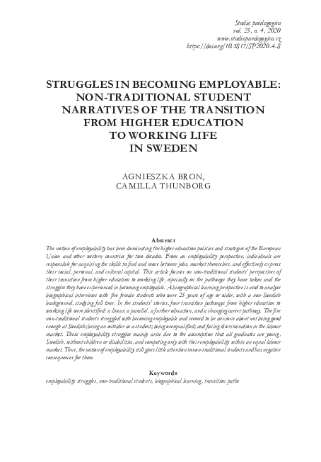 Struggles in Becoming Employable: Non-Traditional Student Narratives of the Transition from Higher Education to Working Life in Sweden