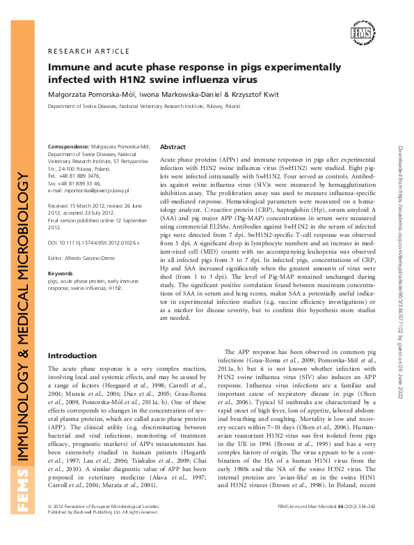 (PDF) Immune Response in H1N2 Swine Influenza Infection