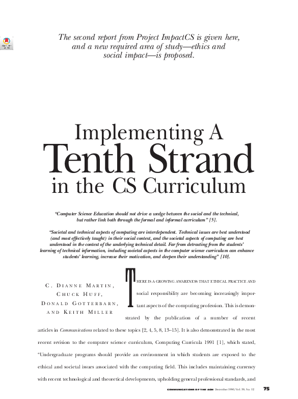 (PDF) Implementing a tenth strand in the CS curriculum