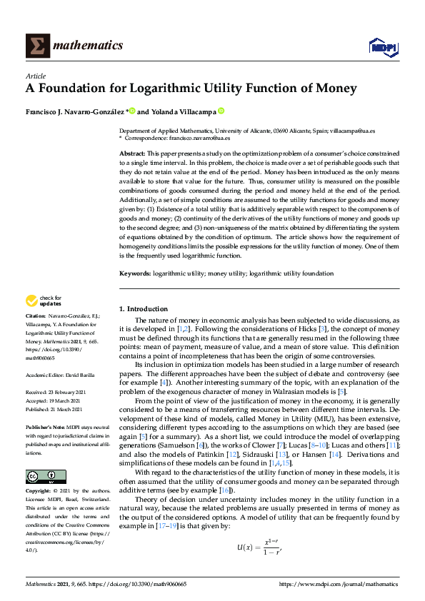 (PDF) A Foundation for Logarithmic Utility Function of Money