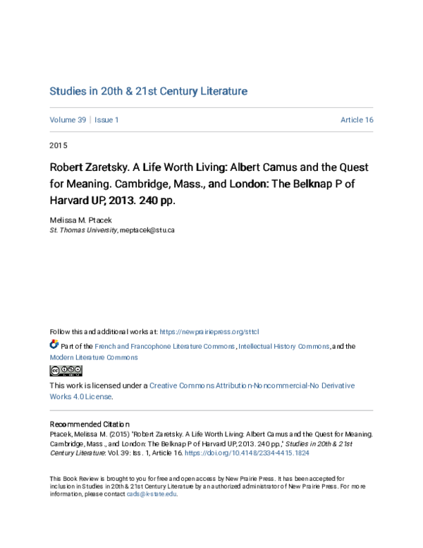 (PDF) Robert Zaretsky. A Life Worth Living: Albert Camus and the Quest ...