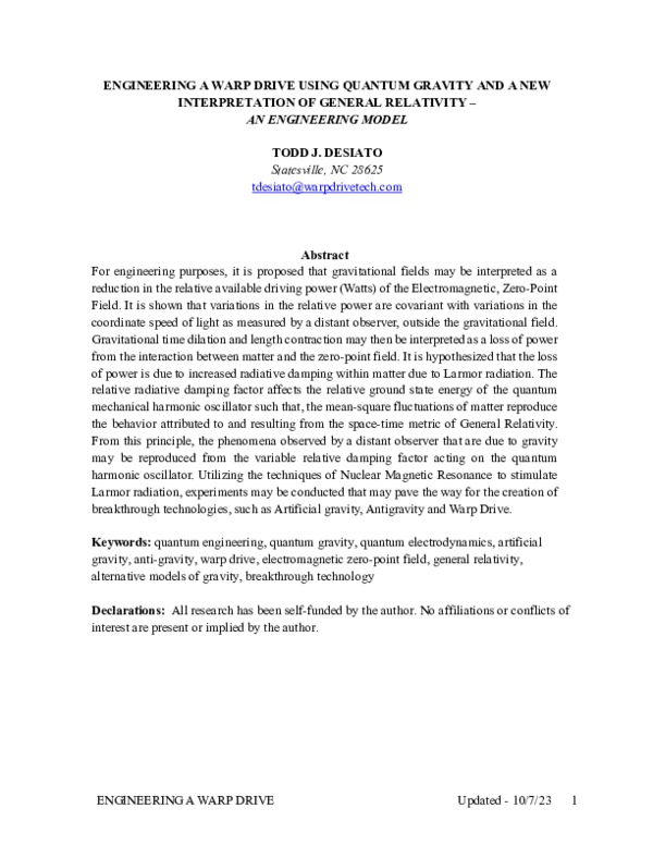 ENGINEERING A WARP DRIVE USING QUANTUM GRAVITY AND A NEW INTERPRETATION OF GENERAL RELATIVITY -AN ENGINEERING MODEL