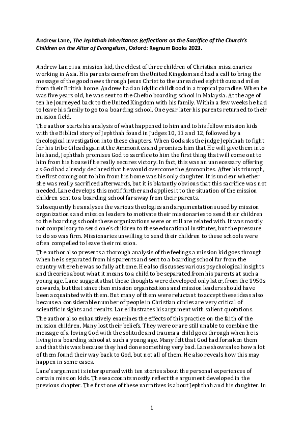 (PDF) Book Review: Andrew Lane, The Jephthah Inheritance: Reflections ...