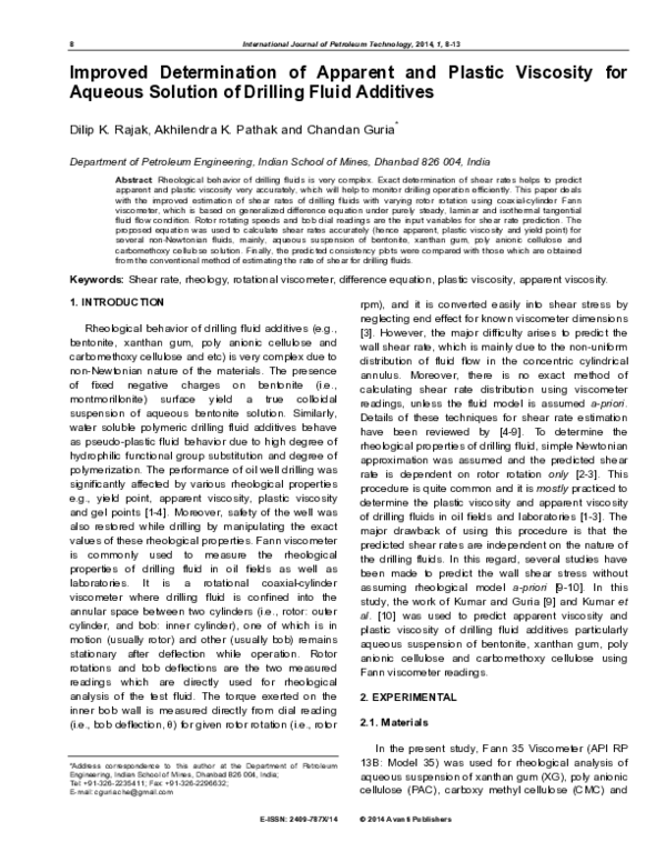 (PDF) Improved Determination of Apparent and Plastic Viscosity for ...