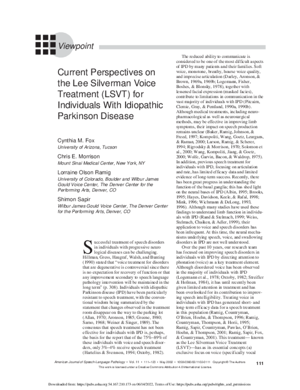 (PDF) Current Perspectives on the Lee Silverman Voice Treatment (LSVT ...