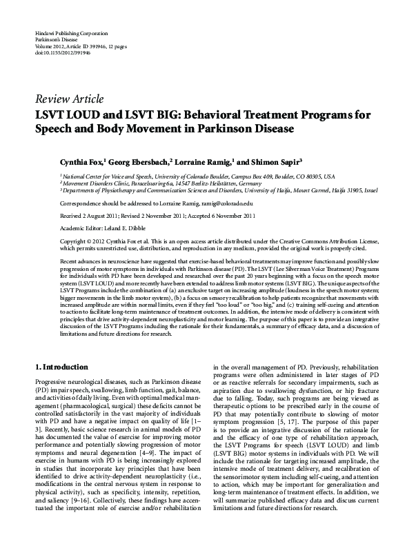 (PDF) LSVT LOUD and LSVT BIG Behavioral Treatment Programs for Speech
