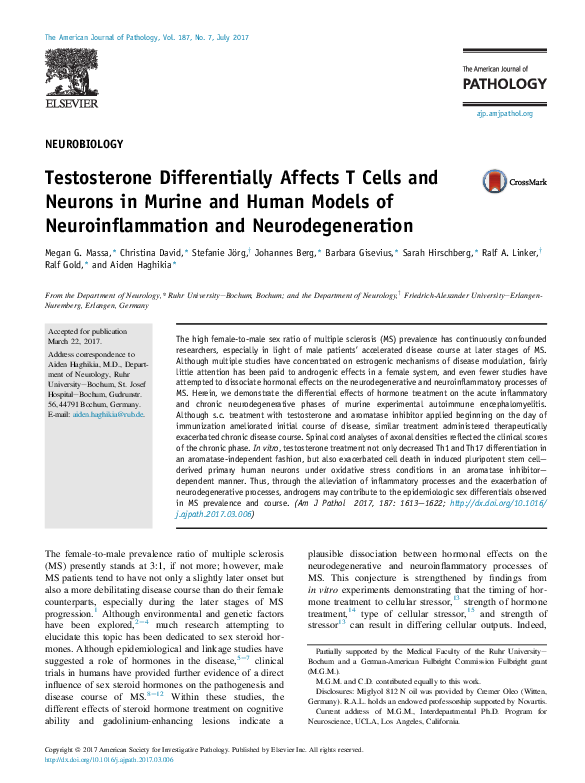 (PDF) Testosterone Differentially Affects T Cells and Neurons in Murine ...