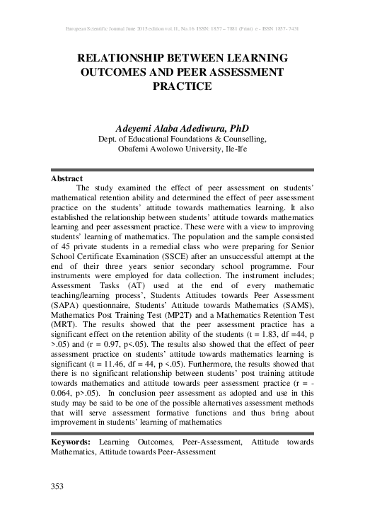 (PDF) Relationship Between Learning Outcomes and Peer Assessment Practice