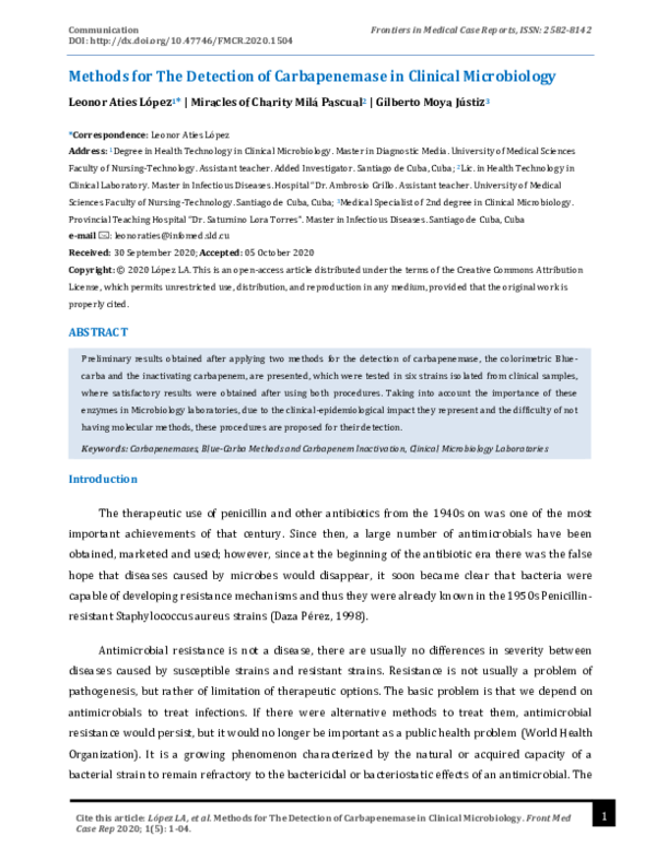 (PDF) Methods for The Detection of Carbapenemase in Clinical Microbiology