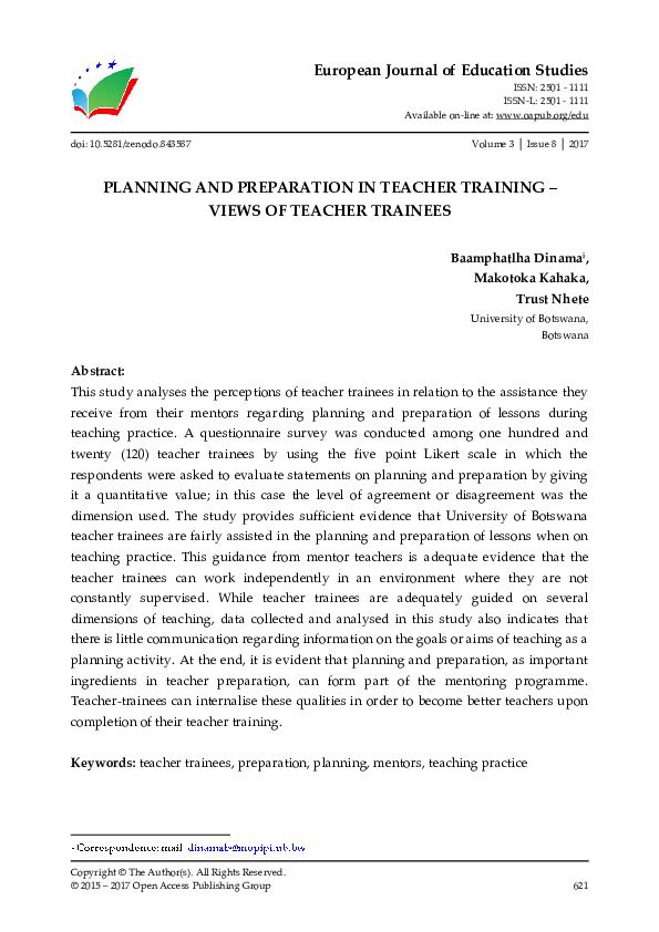 (PDF) Planning and Preparation in Teacher Training – Views of Teacher ...
