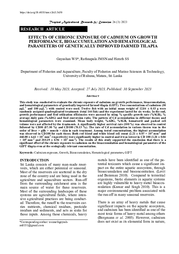 (PDF) EFFECTS OF CHRONIC EXPOSURE OF CADMIUM ON GROWTH PERFORMANCE ...