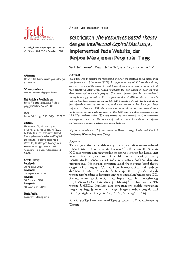 Pdf Keterkaitan The Resources Based Theory Dengan Intellectual