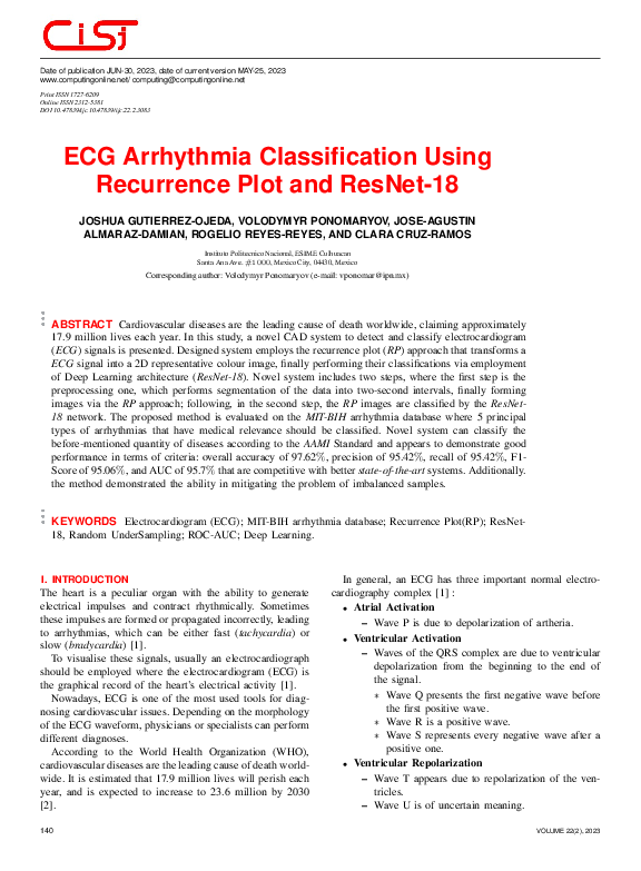 (PDF) ECG Arrhythmia Classification Using Recurrence Plot and ResNet-18