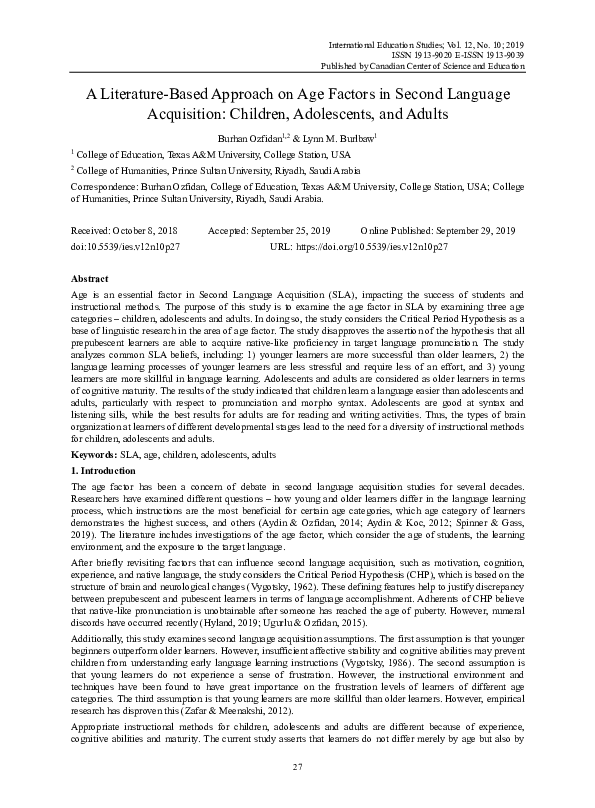 (PDF) A LiteratureBased Approach on Age Factors in Second Language Acquisition Children