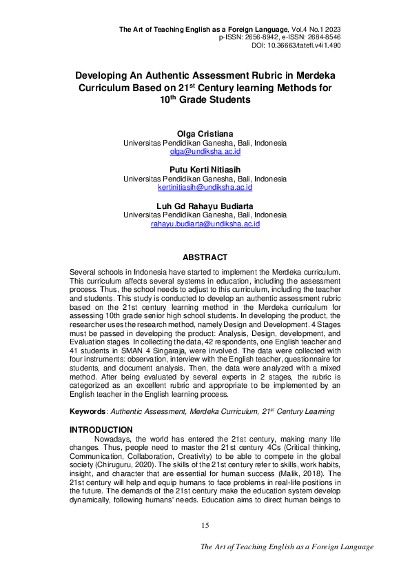 (PDF) Developing An Authentic Assessment Rubric in Merdeka Curriculum ...