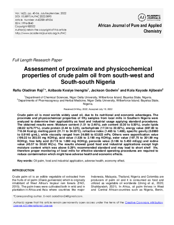 (PDF) Assessment of proximate and physicochemical properties of crude ...