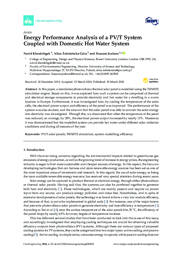 (PDF) Energy Performance Analysis of a PV/T System Coupled with ...
