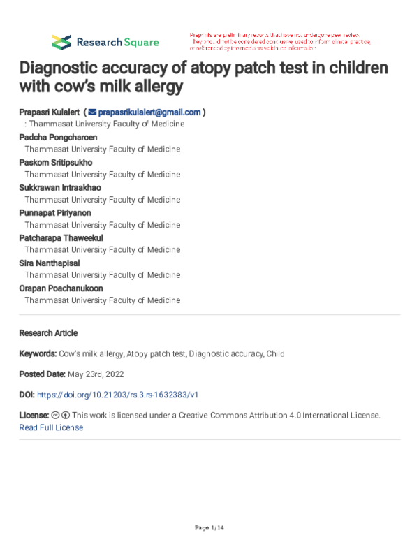 (PDF) Diagnostic accuracy of atopy patch test in children with cow’s ...