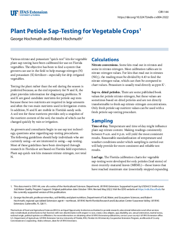 (PDF) Plant Petiole Sap-Testing for Vegetable Crops