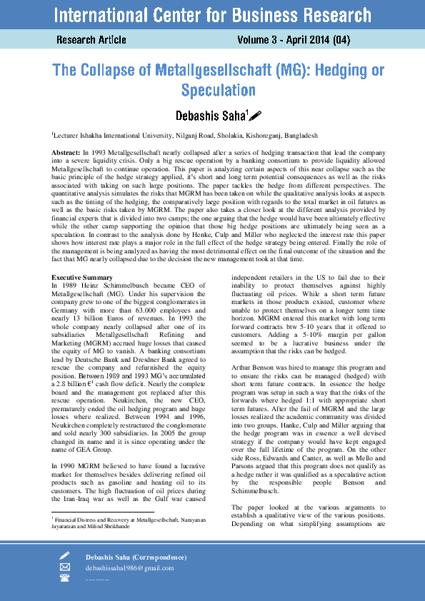 (PDF) The Collapse of Metallgesellschaft (MG): Hedging or Speculation