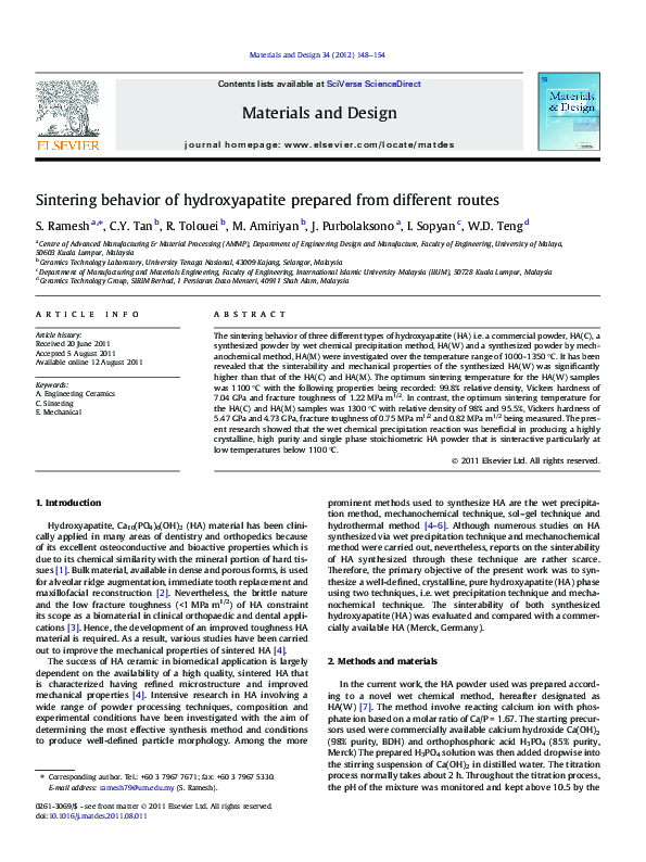 (PDF) Sintering behavior of hydroxyapatite prepared from different routes