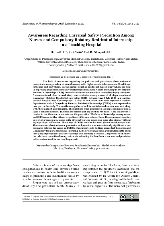 (PDF) Awareness Regarding Universal Safety Precaution Among Nurses and ...